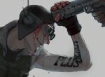  1boy apex_legends arm_tattoo black_gloves black_headwear blood blood_on_face blood_on_hands bloodhound_(apex_legends) daichi_midori fingerless_gloves from_side gloves goggles green_vest gun handgun holding holding_gun holding_weapon male_focus octane_(apex_legends) parted_lips pistol re-45_auto smile solo_focus tattoo vest weapon 