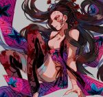  1girl bare_arms black_legwear breasts brown_hair cleavage closed_mouth commentary_request daki_(kimetsu_no_yaiba) facial_mark full_body green_eyes grey_background highres japanese_clothes kimetsu_no_yaiba kimono large_breasts long_hair mogutofuoes partial_commentary pink_kimono smile solo thighhighs veins 