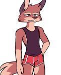  2021 anthro black_clothing black_shirt black_tank_top black_topwear bottomwear brown_body brown_fur canid canine clothing fox fur hand_on_hip hi_res jaybeyyy male mammal shirt shorts simple_background solo tank_top tired topwear white_background 