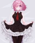  1girl black_dress black_legwear blush breasts dress fate/grand_order fate_(series) grey_background hair_over_one_eye harukappa highres layered_dress looking_at_viewer mash_kyrielight medium_breasts medium_hair necktie pantyhose pink_hair purple_eyes red_necktie shiny shiny_hair skirt_hold sleeveless sleeveless_dress solo standing straight_hair thigh_gap 