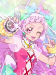  1girl ;d back_bow bow clover_earrings crossover cure_yell cure_yell_(cheerful_style) detached_collar double_bun eyelashes green_background hair_bow hair_ornament heart heart_hair_ornament holding hugtto!_precure kamen_rider_zi-o_(series) long_hair looking_at_viewer magical_girl multicolored_bow nono_hana one_eye_closed open_mouth pink_eyes pink_hair precure puffy_sleeves see-through_sleeves smile solo sparkle thick_eyelashes tj-type1 upper_body veil white_bow wrist_cuffs 