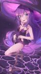  1girl alchemilla_menace barefoot black_choker blush braid breasts choker collarbone cyberlive hat head_tilt highres leotard long_hair looking_at_viewer purple_eyes purple_hair purple_headwear purple_leotard renpc small_breasts solo tongue tongue_out very_long_hair virtual_youtuber water witch witch_hat 
