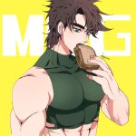  1boy abs bare_shoulders battle_tendency biceps brown_hair crop_top eating food green_eyes highres jojo_no_kimyou_na_bouken joseph_joestar joseph_joestar_(young) kogatarou male_focus midriff muscular muscular_male sandwich skin_tight sleeveless sleeveless_turtleneck solo turtleneck 