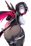  1girl ass bangs black_bodysuit black_coat black_hair bodysuit breasts closed_mouth coat hair_over_one_eye highres honkai_(series) honkai_impact_3rd looking_at_viewer looking_back purple_eyes raven_(honkai_impact_3rd) sideboob simple_background solo white_background yukki_0125 