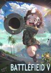  1girl battlefield_v black_eyes black_hair boots braid child cloud copyright_name dated day full_body green_jacket hachimaki headband heart highres holding holding_weapon imperial_japanese_army jacket jumping kezhou long_sleeves lunge_mine medium_hair military_jacket mountain no_pants open_mouth outdoors palm_tree pouch round_teeth short_hair shouting side_braid signature sky solo tears teeth translation_request tree typo weapon 