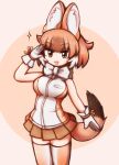  1girl animal_ears aticotta blush bow bowtie breasts brown_eyes brown_hair brown_legwear brown_skirt dhole_(kemono_friends) eyebrows_visible_through_hair gloves kemono_friends large_breasts looking_at_viewer multicolored_hair open_mouth pleated_skirt salute short_hair skirt smile solo tail thighhighs white_bow white_bowtie white_gloves white_hair 
