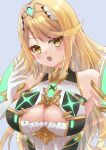  1girl bangs blonde_hair breasts chest_jewel cleavage cleavage_cutout clothing_cutout dress earrings gem headpiece highres jewelry kurana large_breasts long_hair mythra_(xenoblade) short_dress solo swept_bangs tiara very_long_hair white_dress xenoblade_chronicles_(series) xenoblade_chronicles_2 yellow_eyes 