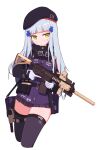  1girl bangs black_legwear blunt_bangs eyebrows_visible_through_hair girls&#039;_frontline gloves green_eyes gun hk416_(girls&#039;_frontline) holding holding_gun holding_weapon jagd long_hair long_sleeves looking_at_viewer pleated_skirt silver_hair skirt solo thighhighs weapon white_gloves 
