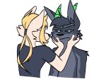  2021 anthro blonde_hair canid canine clothing duo fox fur green_eyes grey_body hair hand_on_cheek hi_res horn jaybeyyy male mammal ponytail shirt simple_background topwear white_background white_body white_fur 