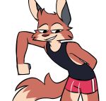  2021 anthro black_clothing black_shirt black_tank_top black_topwear bottomwear brown_body brown_fur canid canine clothing eyebrows fox fur hi_res jaybeyyy male mammal raised_eyebrows shirt shorts simple_background smile solo tank_top topwear white_background 