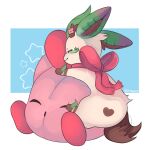  &lt;3 ambiguous_gender duo eeveelution embrace feral hug kirby kirby_(series) kitkat-s leafeon nintendo pink_body plushie pok&eacute;mon pok&eacute;mon_(species) red_ribbon simple_background smile star video_games white_background white_body 