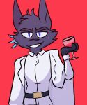  2021 alcohol anthro belt beverage blue_eyes canid canine clothing container cup drinking_glass feathers fox fur glass glass_container glass_cup grey_body grey_fur hi_res jaybeyyy male mammal red_background simple_background smile solo white_clothing wine wine_glass 