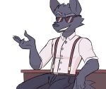  2021 anthro bottomwear canid canine clothing eyebrows eyewear fox fur glasses grey_body grey_fur hi_res jaybeyyy male mammal pants raised_eyebrow shirt simple_background sitting smile solo sunglasses suspenders topwear white_background 