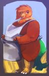  2017 anthro apron avian avian_caruncle beak belly big_belly big_breasts biped bird bird_feet black_eyelashes bottomless breasts brown_body brown_feathers chicken claws cleavage clothed clothing curvy_figure dated dewlap_(anatomy) digital_media_(artwork) digital_painting_(artwork) eyebrows eyeshadow feathers female front_view galliform gallus_(genus) green_body green_eyes green_feathers hi_res huge_breasts huge_thighs makeup mama_maisie mature_anthro mature_female multicolored_body multicolored_feathers open_beak open_mouth orange_body orange_eyebrows orange_feathers overweight overweight_anthro overweight_female phasianid pink_tongue pinup pose purple_eyeshadow rhode_island_red scutes shaded signature skimpy solo standing supplesee tail_feathers thick_thighs toe_claws tongue topwear voluptuous wattle white_claws wide_hips 