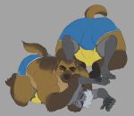  2022 anthro brown_body bulge butt canid canine canis clothing domestic_dog duo grey_body hi_res horrorbuns humanoid_hands lying male mammal procyonid raccoon simple_background slightly_chubby underwear 