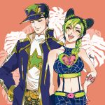  1boy 1girl :d black_hair braid butterfly_ornament butterfly_tattoo chain closed_eyes double_bun father_and_daughter green_hair highres jojo_no_kimyou_na_bouken kogatarou kujo_jolyne long_coat midriff multicolored_hair smile spider_web_print stone_ocean tattoo two-tone_hair 