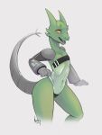  2022 anthro blush clothing cybernetic_arm cybernetic_limb cybernetic_tail female flat_chested green_body green_scales gris_swimsuit hi_res kobold lizard meme meme_clothing narley one-piece_swimsuit reptile ruste scales scalie simple_background solo swimwear translucent translucent_clothing translucent_swimwear white_background 