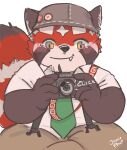  2022 absurd_res ailurid anthro biped black_nose bottomwear camera clothing cute_fangs hat headgear headwear hi_res jamiephut kemono lifewonders mammal necktie pants red_panda shirt sitting solo suspenders tokyo_afterschool_summoners topwear video_games young zhurong_(tas) 