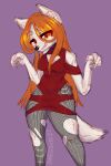  2021 absurd_res anthro artist_name breasts canid canine cleavage_cutout clothing colored_sketch dress female fishnet fishnet_legwear fur hair hi_res legwear long_hair looking_at_viewer mammal onigiriad orange_eyes orange_hair prick_ears purple_background red_clothing red_dress simple_background sketch smile smirk solo thick_thighs torn_fishnets white_body white_fur 