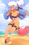  1girl ball beach blue_eyes blue_jacket blue_sky breasts cloud collarbone commentary day english_commentary full_body gris_swimsuit hair_ribbon jacket kicking long_sleeves looking_at_viewer medium_breasts meme_attire navel one-piece_swimsuit open_clothes open_jacket original outdoors ponytail purple_ribbon ribbon see-through_legwear see-through_swimsuit sky smile solo squeezable_(artist) stirrup_legwear swimsuit taffy_(squeezable) thighhighs toeless_legwear toes water white_hair 