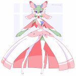  1:1 2022 ambiguous_gender anthro anthrofied barefoot blue_eyes blush breasts cleavage clothed clothing digitigrade dress feet female fusion gardevoir green_hair hair hybrid inosagi lurantis nintendo pok&eacute;mon pok&eacute;mon_(species) pok&eacute;morph pseudo_clothing simple_background smile solo video_games 