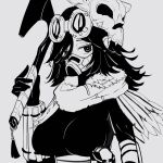  1girl adapted_costume apex_legends axe bangs bloodhound_(apex_legends) breasts feather_trim fur_trim genderswap genderswap_(otf) goggles goggles_on_head grey_background greyscale hair_behind_ear highres holding holding_axe large_breasts looking_at_viewer mask mask_on_head monochrome portrait raven&#039;s_bite scarf solo xiaoye_ju_er 