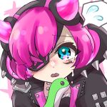  1girl apex_legends black_headwear black_jacket black_lips blue_eyes crying crying_with_eyes_open cyber_punked_wattson eyebrows_visible_through_hair eyepatch holding holding_stuffed_toy hood hooded_jacket horns jacket nepitasu nessie_(respawn) one_eye_covered open_mouth pink_hair solo speech_bubble spiked_hood spoken_sweatdrop stuffed_toy sweatdrop tears wattson_(apex_legends) 