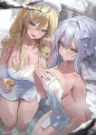  2girls :d absurdres blonde_hair blue_eyes breasts character_request cleavage collarbone copyright_request covered_navel cup fang freng frown hair_ornament highres holding large_breasts long_hair looking_at_viewer medium_breasts mole mole_on_breast mole_under_eye multiple_girls naked_towel onsen pout smile snow towel towel_on_head v-shaped_eyebrows wet white_hair winter yellow_eyes 