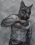  2022 5_fingers anthro black_body black_fur black_nose canid canine clothed clothing digital_media_(artwork) fingers fur male mammal open_mouth rukis teeth tongue 