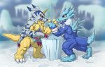  animal_skin anthro arm_wrestling bandai_namco biceps blucomon blue_body claws digimon digimon_(species) duo gabumon hi_res horn ice male masterxvmon muscular muscular_anthro muscular_male pecs yellow_body 