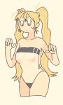  1girl bangs bare_shoulders blonde_hair breasts cropped_legs farfinfarfin gris_swimsuit hands_up large_breasts long_hair meme_attire nipples no_nose one-piece_swimsuit original see-through_swimsuit simple_background solo swimsuit twintails very_long_hair wardrobe_malfunction yellow_background 