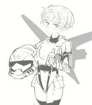  1girl absurdres apex_legends birthright_valkyrie blush bodysuit bottle chinese_commentary eyebrows_visible_through_hair greyscale hair_behind_ear headwear_removed helmet helmet_removed highres holding holding_bottle holding_helmet jetpack looking_at_viewer monochrome short_hair sketch solo valkyrie_(apex_legends) white_background xiaoye_ju_er 