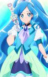  1girl absurdres ascot blue_background blue_choker blue_skirt blue_vest brooch choker cowboy_shot cure_fontaine earrings gloves gradient gradient_background healin&#039;_good_precure healing_animal healing_wand highres jewelry long_hair magical_girl oimanji pegitan_(precure) precure puffy_short_sleeves puffy_sleeves sawaizumi_chiyu short_sleeves skirt vest white_gloves 