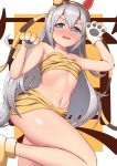  alternate_costume animal_ears animal_hands animal_print blush breasts collarbone commentary_request fang grey_hair hair_between_eyes hatimiz headband highres horse_ears horse_tail long_hair navel open_mouth pose small_breasts tail tamamo_cross_(umamusume) tiger_print umamusume 