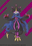  anthro bandai_namco black_body black_sclera cape claws clothing digimon digimon_ghost_game evil_grin grusgammamon hi_res horn male officialseraphimon ragged_clothing sharp_claws smile solo stinger stinger_tail talons 