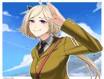  1girl artist_name bangs black_necktie blonde_hair blue_sky closed_mouth darkpulsegg eyebrows_visible_through_hair girls&#039;_frontline jacket looking_at_viewer m3_(girls&#039;_frontline) military military_uniform necktie ponytail purple_eyes salute shirt short_hair simple_background sky smile solo uniform upper_body white_shirt yellow_jacket 