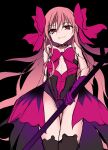  1girl bangs bare_shoulders black_background black_legwear black_leotard bow brown_hair closed_mouth collarbone dead_apostle_noel_(tsukihime) eyebrows_visible_through_hair gloves hair_between_eyes highres holding l-trap leotard long_hair looking_at_viewer mole mole_under_mouth pink_bow purple_gloves red_eyes simple_background smile solo thighhighs tsukihime tsukihime_(remake) very_long_hair 