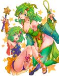  2girls blue_eyes breasts cape cleavage closed_mouth detached_sleeves dual_persona earrings final_fantasy final_fantasy_iv full_body green_eyes green_hair green_leotard hair_ornament jewelry leotard long_hair looking_at_viewer medium_breasts multiple_girls nail_polish older open_mouth payu_(pyms11) rydia_(ff4) smile thighhighs toes weapon whip 