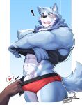  abs anthro blush canid canine canis clothed clothing clothing_lift clothing_pull duo faceless_character kamyuelo lucas_(kamyuelo) male mammal muscular muscular_male shirt shirt_lift surprise topwear underwear underwear_pull undressing_another wolf 