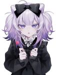  1girl 402_(o0_xxx) absurdres black_theme bow candy colored_tips dress food gothic highres lollipop long_sleeves multicolored_hair original pale_skin purple_eyes purple_hair ribbon twintails white_hair 