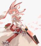  1girl animal_ears belt_buckle blue_eyes breasts bridal_veil buckle cleavage clover dress earrings elphelt_valentine fake_animal_ears flower found_modori four-leaf_clover gloves guilty_gear guilty_gear_xrd gun hairband handgun highres holding holding_weapon jewelry large_breasts open_mouth petals pink_hair pink_ribbon rabbit_ears ribbon rose short_hair simple_background solo spiked_hairband spikes veil weapon white_background white_dress white_gloves white_headwear 
