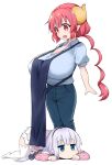  apron_overhang blue_eyes blue_pants blue_shirt breasts dragon_girl dragon_horns eyebrows_visible_through_hair highres horns huge_breasts ilulu_(maidragon) kanna_kamui kobayashi-san_chi_no_maidragon long_hair long_sleeves pants pointy_ears red_hair shadow shirt short_sleeves shortstack simple_background thighhighs very_long_hair white_background white_hair white_legwear yuuki_shin&#039;ichi 