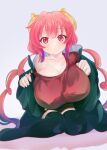  1girl bangs black_coat black_legwear blush breasts coat covered_nipples full_body highres huge_breasts ilulu_(maidragon) kobayashi-san_chi_no_maidragon long_hair nztfsg off_shoulder pink_eyes pink_hair red_shirt shirt simple_background sitting solo thighhighs twintails very_long_hair white_background 