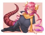  1girl black_legwear black_shirt blush breasts dragon_girl dragon_horns dragon_tail elomil eyebrows_visible_through_hair full_moon hand_up horns huge_breasts ilulu_(maidragon) kobayashi-san_chi_no_maidragon long_hair looking_at_viewer low_twintails moon pink_eyes pointy_ears scarf shirt short_sleeves simple_background solo tail thighhighs twintails very_long_hair yellow_scarf 