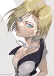  1girl android_18 blazer blonde_hair blue_eyes breasts cleavage closed_mouth dragon_ball dragon_ball_z earrings highres jacket jewelry looking_at_viewer macrib necklace pearl_necklace shirt short_hair simple_background solo 