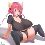  1girl amidasketchbook black_legwear black_panties black_shirt blush breasts cameltoe cleavage covered_nipples dragon_girl dragon_horns feet_out_of_frame highres horns huge_breasts ilulu_(maidragon) kobayashi-san_chi_no_maidragon long_hair panties pink_eyes pink_hair pointy_ears shadow shirt short_sleeves simple_background solo thighhighs twintails underboob underwear white_background 