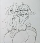  2022 ahoge anthro artist_name bangs big_butt breast_squish breasts bulge butt clothed clothing dragon duo embrace eyes_closed female floppy_ears fur furred_dragon graphite_(artwork) hair hug huge_butt huge_thighs hugging_from_behind hybrid lagomorph leporid long_hair looking_at_viewer male male/female mammal monochrome onigiriad pecs pencil_(artwork) rabbit simple_background sketch smile squish thick_thighs topless topless_female topless_male traditional_media_(artwork) ursid white_background 