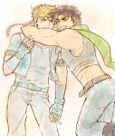  2boys battle_tendency blonde_hair blue_eyes blue_jacket brown_hair caesar_anthonio_zeppeli cigarette crop_top denim facial_mark feather_hair_ornament feathers fingerless_gloves gloves green_eyes hair_ornament headband highres hug jacket jeans jojo_no_kimyou_na_bouken joseph_joestar joseph_joestar_(young) male_focus midriff multiple_boys muted_color one_eye_closed pants sachiko_(rinana239) scarf triangle_print 