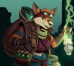  alchemist anthro backpack bracelet canid canine censer clothed clothing ear_piercing eyewear female flask fox goggles jewelry looking_aside mammal midriff night pathfinder piercing scarf smile smoke solo volkenfox 