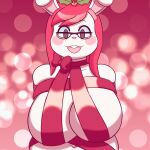  1:1 2021 2d_animation animated anthro big_breasts blush bouncing_breasts breasts christmas eyewear female fur gift_wrapped glasses hair holidays lagomorph leporid looking_at_viewer loop mammal open_mouth rabbit red_hair short_playtime solo teeth tentabat white_body white_fur 